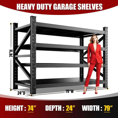 Heavy Duty Metal Garage Shelving Unit 79 Inches Wide By 74 Inches High By 24 Inches Deep Four Tier Adjustable Storage Shelves For Warehouse Workshop And Home Organization Industrial Grade Steel Sturdy And Wobble Free shown with 79W x 74H x 24D dimensions