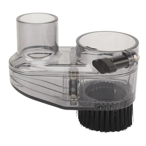 Solid 52Mm Cnc Router Dust Shoe With Crystal Clear Nylon Boot And Quick Attach 38Mm Hose Port, transparent with brush attachment.