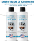 Pro Grade Descaler For Coffee And Espresso Makers 2 Bottle Pack 4 Uses Keeps Your Brews Great Universal Compatibility With Keurig Breville Nespresso Delonghi And All Single Serve Or Drip Machines, two bottles front view