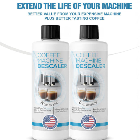Pro Grade Descaler For Coffee And Espresso Makers 2 Bottle Pack 4 Uses Keeps Your Brews Great Universal Compatibility With Keurig Breville Nespresso Delonghi And All Single Serve Or Drip Machines, two bottles front view