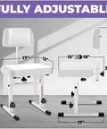 White Adjustable Piano Bench With Backrest for digital and electric pianos, sturdy padded stool, dimensions and rubber feet.