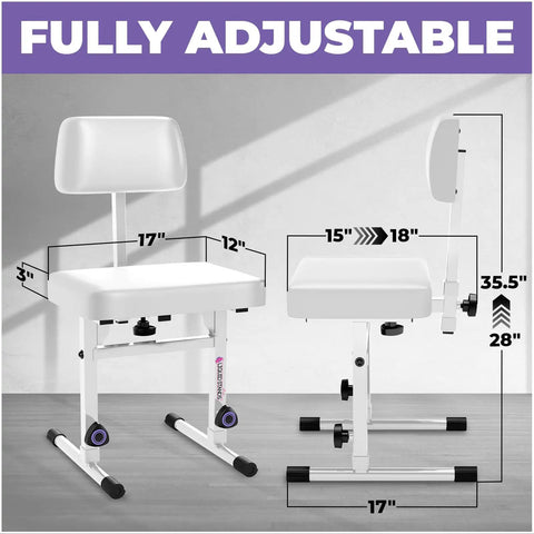 White Adjustable Piano Bench With Backrest for digital and electric pianos, sturdy padded stool, dimensions and rubber feet.