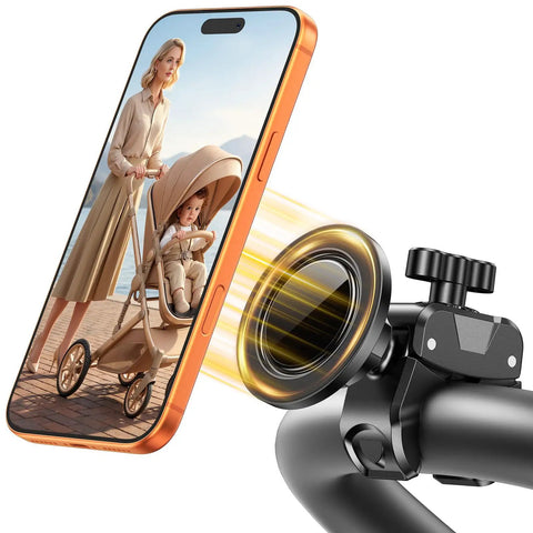 Close view of Magnetic Gym Phone Holder With Clamp For Treadmills, Exercise Bikes, Golf Carts And Shopping Carts, holding a phone
