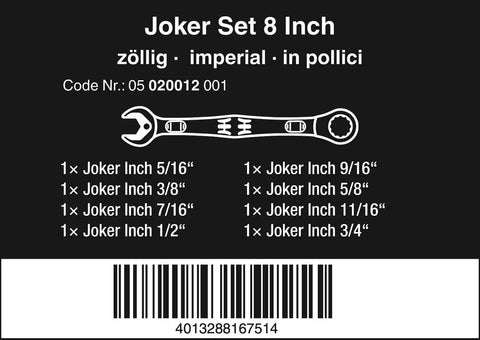 Joker Imperial Go To Wrench Set 8 Piece With Open End Fastener Hold packaging showing wrench sizes and barcode