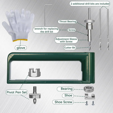Components of Adjustable Circle Hole Cutter for Sheet Metal 2 to 12 Inch, including drill bits and wrench, displayed on sheet metal.
