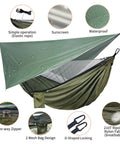 All In One Camping Hammock With Mosquito Net And Rain Fly Tarp Portable Nylon Parachute Hammock Set with features displayed