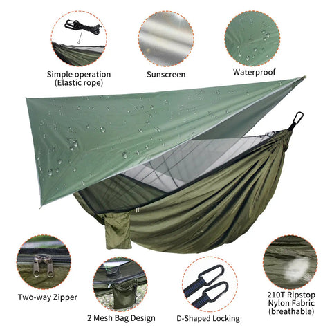 All In One Camping Hammock With Mosquito Net And Rain Fly Tarp Portable Nylon Parachute Hammock Set with features displayed