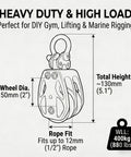 Diagram of Double Pulley Block 50mm with 316 Stainless Steel, showing dimensions, 880 lb capacity for gym, marine rigging.