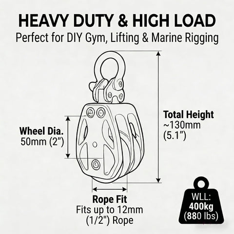 Diagram of Double Pulley Block 50mm with 316 Stainless Steel, showing dimensions, 880 lb capacity for gym, marine rigging.