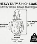 Badass Marine Grade 316 Stainless Steel Double Pulley Block 2 Pack dimensions showing wheel diameter and rope fit.