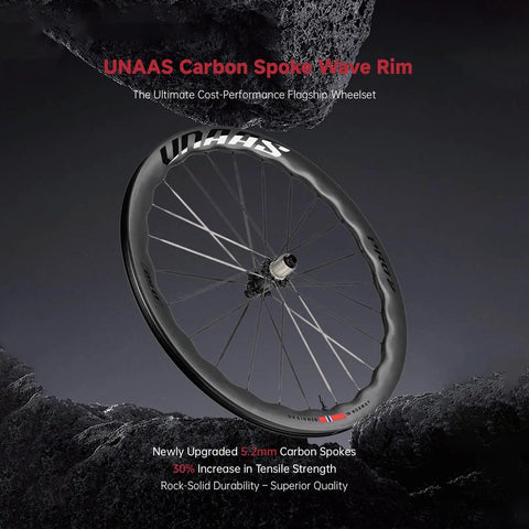 Unaas Pro2 700C Carbon Fiber Wheelset With Disc Brakes Ultralight 1430g 45-50mm Depth Wave Rim UD Matte Finish