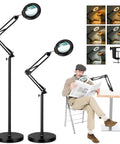 10X Real Glass Magnifying Glass With Light And Stand, 4.3 Inch Lens, 5 Color Modes, man using hands-free magnifier for reading