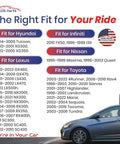 Car model compatibility chart for Hyundai, Lexus, Infiniti, Nissan, and Toyota with American flag emblem.