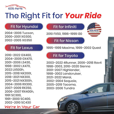 Car model compatibility chart for Hyundai, Lexus, Infiniti, Nissan, and Toyota with American flag emblem.