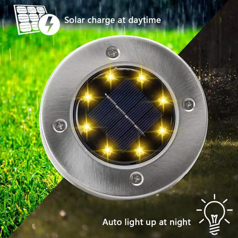Close-up of 12 Pack Solar Ground Lights for Outdoor Garden, showcasing LED and solar panel on a grass background.