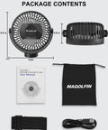 Portable Magnetic Cruise Fan With 12000mAh Battery Three Speed Settings Led Lantern And Digital Timer components including fan, manual, charging cable.