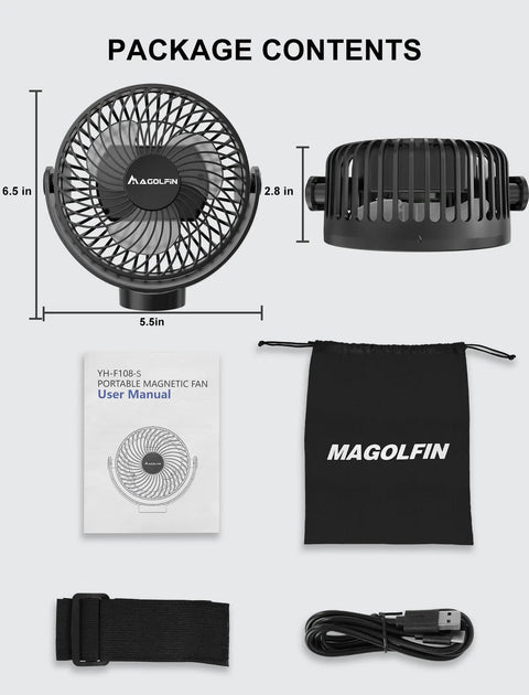 Portable Magnetic Cruise Fan With 12000mAh Battery Three Speed Settings Led Lantern And Digital Timer components including fan, manual, charging cable.