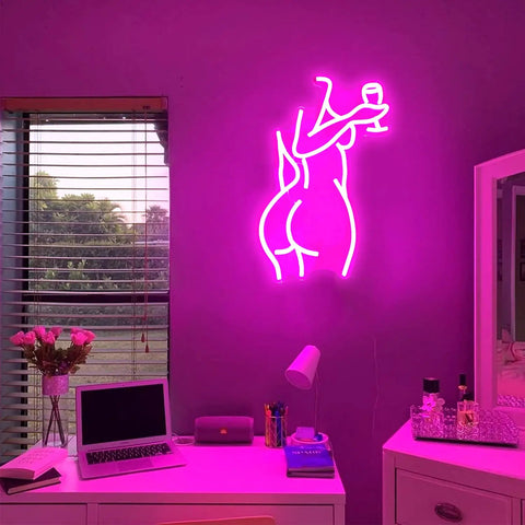 Lady Back Neon Sign Dimmable LED Neon Light Sexy Lady Decor For Bedroom Bar Party Ideal For Man Cave Home Decor Gift Bright Colorful Neon Wall Art Glow glowing pink on bedroom wall.