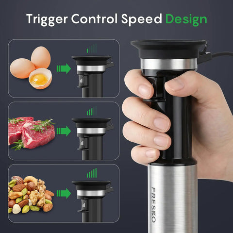 Hella Smooth Immersion Hand Blender With Variable Speed Trigger for Precision Mixing, showing trigger control speed design in use.