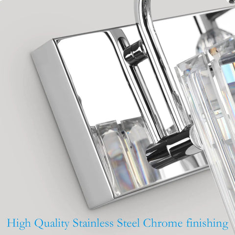 Close-up of Modern Crystal Vanity Light For Bathroom 4 Light Chrome Wall Fixture showing chrome finish and crystal details.