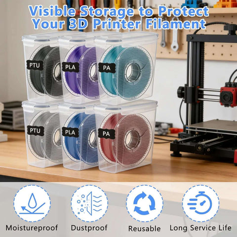 Six Pack 3D Printing Filament Storage Boxes With Thick Silicone Seal Dustproof Portable Organizer for 1.75mm spools displayed on table