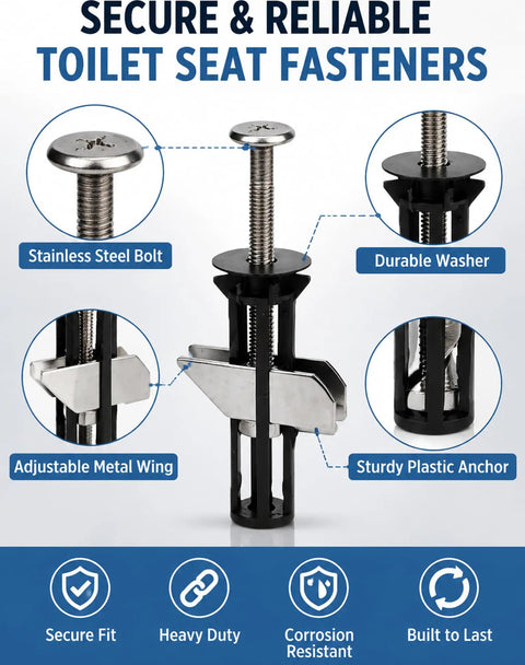 Heavy Duty Toilet Seat Fastener Bolt Kit 8 Piece Set Universal Replacement For Loose Or Damaged Seats Stainless Steel Mounting Hardware For Easy Install, stainless bolt close-up