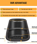 Diagram of silicone chair leg protector showing 2mm walls and elastic lock design, highlighting thick, tear-resistant felt wrap.