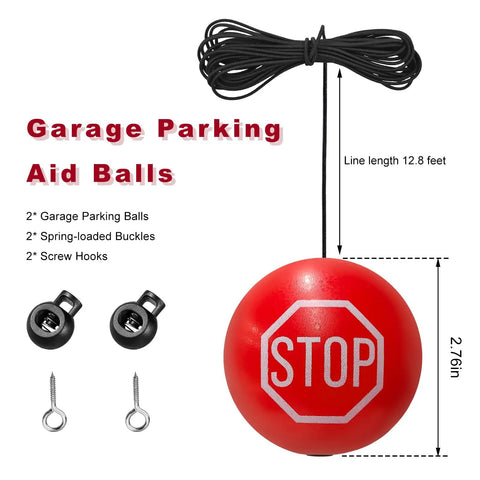 Garage Tennis Ball Parking Aid Kit with Adjustable 13 Foot Rope, red ball, buckles, and screw hooks for collision prevention
