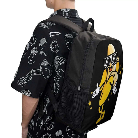 Person wearing Cool Banana Style Backpack For Men And Women Go To Everyday Travel And Hiking 17 Inch Capacity with bold banana graphic