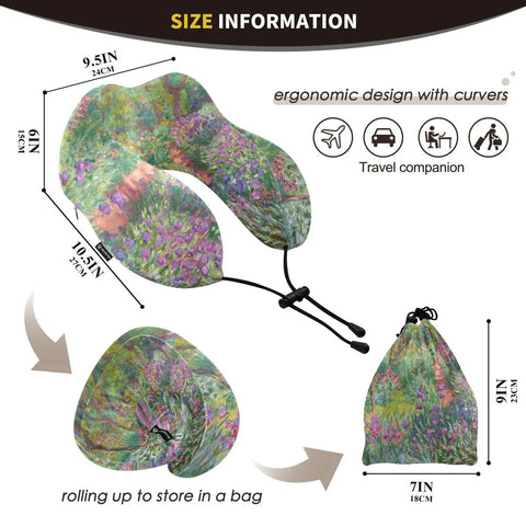 Monet Iris Garden Travel Neck Pillow With Memory Foam Core Removable Washable Cover dimensions and storage bag.