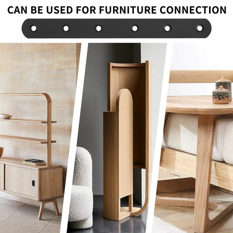 Heavy Duty Black Mending Plate And Straight Brackets Set For Wood And Furniture Repair displayed with furniture examples
