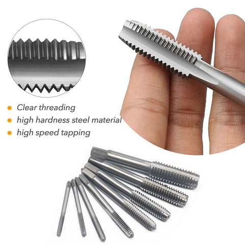 Close-up of Pro Grade Metric Tap And Die Set with taps M3-M12 in hand, showing high-speed steel threading and tap details.