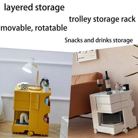 Ultra Slim Two Tier Rolling Utility Cart Smooth Glide Swivel Wheels Compact Abs Shelving Unit in yellow and white, fitted for snacks.