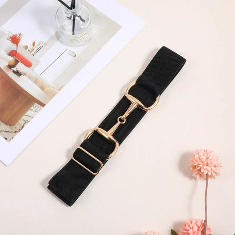 Elastic Equestrian Belt For Women With Wide Horse Riding Strap And Buckle Dope Gear Versatile Black Belt shown on beige surface