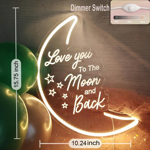 Moon Neon Light Sign With Love You To The Moon And Back 3D Art, 15.75 By 10.24 Inches, USB Powered Night Light with Dimmer Switch