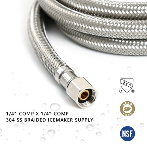 Ice maker water supply hose, 6 ft braided stainless steel, 1/4" compression fittings, close-up view