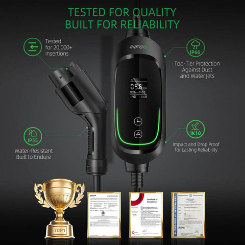 Portable Level 2 EV Charger 40A 9.6kW 240V with NEMA 14-50, cable, waterproof, impact resistant, shown with awards and certifications.