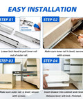 Installation steps for locking heavy duty drawer slides, showing side mount full extension with 250 lb capacity and steel ball bearing