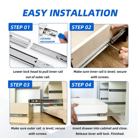 Installation steps for locking heavy duty drawer slides, showing side mount full extension with 250 lb capacity and steel ball bearing