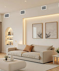 Living room with 12x6 Adjustable Decorative AC Vent Cover For Wall Or Ceiling Clean White Air Register installed discreetly.