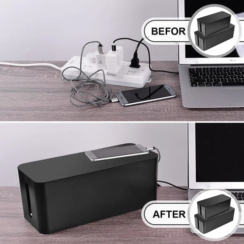 Two Pack Large And Medium Bamboo Style Cable Organizer Boxes With 17 Piece Cord Management Set To Hide Surge Protectors And Cables On Desk Or Floor Effortless Tidying White Finish used to declutter cables on desk before and after