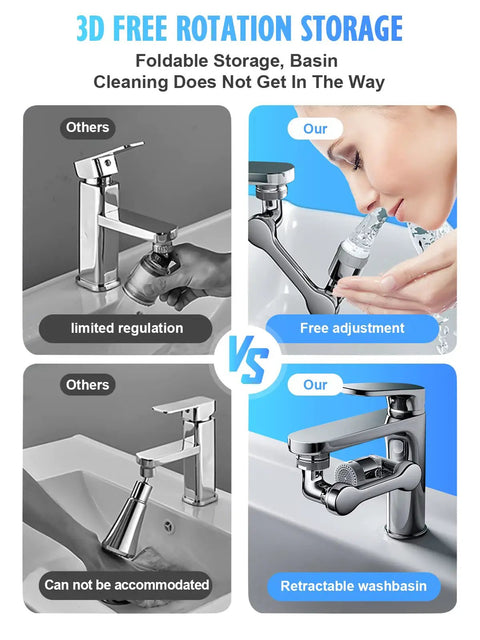 Comparison of standard tap and 1080 Degree Swivel Faucet Aerator With Dual Water Outlet Modes showing rotation capability