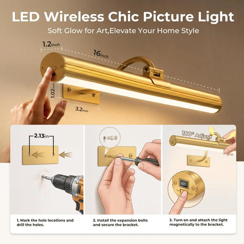 Gold Wireless Picture Lights For Wall Art 2 Pack Rechargeable Wall Spots With Led Battery Screen Dimmable Gallery Bulbs installation guide