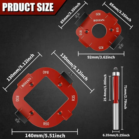 Router Corner Radius Template Set for Woodworking, Pro Grade Red Aluminum Jig dimensions and guide pin, R10 to R50 templates