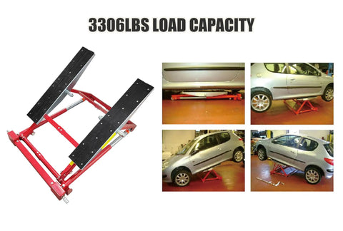 Portable Car Lifter Featuring Dual Workbench Auto Scissor Lift With Three Adjustable Widths And Hella Strong 3306 Pound Load Capacity angled view with silver car lift in garage.