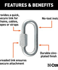 Threaded Quick Link Trailer Safety Chain Hook Carabiner Clip Five Sixteenth Inch Diameter Built Tough For Heavy Duty Towing 8800 Pound Break Strength That Lasts with zinc-plated finish and threaded link for secure attachment.