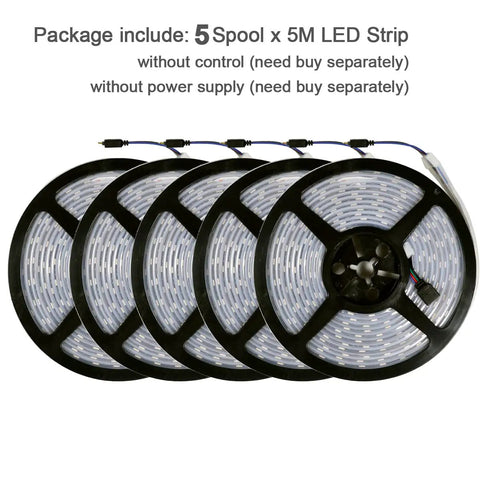 Five 5M RGB LED Strips Kit With IP67 Waterproof Silicone Sleeve, SMD5050 Double Row 120 LEDs Per Meter rolls on display.