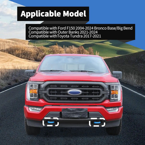 Front view of red truck with Light Blue Rugged Silicone Tow Hook Cover Set 2Pcs Fits Ford F150 2004 2024 Bronco and Tundra