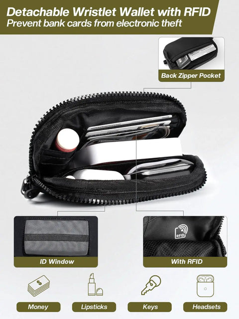 Clip And Go Phone Strap With Wallet Crossbody Lanyard Adjustable And Detachable RFID Wristlet Wallet With ID Window And Zipper Black