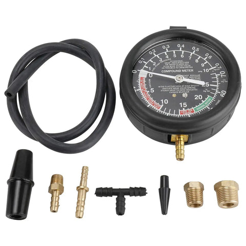 Fuel Pump And Vacuum Tester Gauge For Car Carburetor Diagnostics With Leak Testing Lets You Nail Fuel Pump Pressure To 10 PSI And Read Engine Vacuum To 28 InHg Includes Large Three And A Half Inch Adapters And Red Blow Mold Case, gauge and hose with adapters